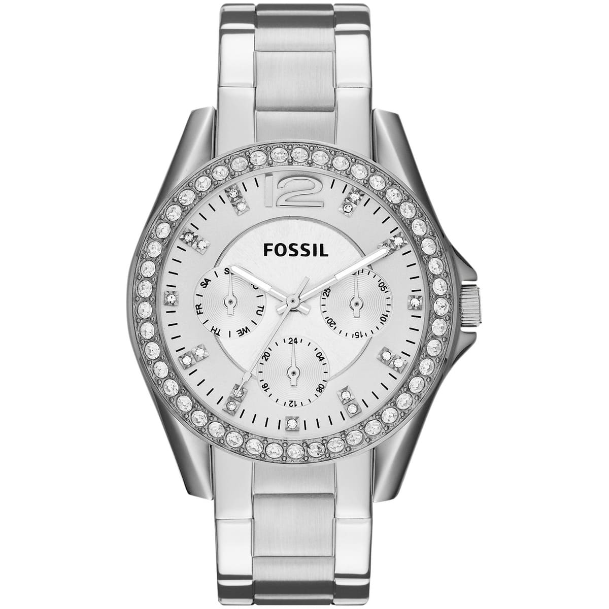 Fossil Riley ES3202 38mm Women’s Watch – Silver Sunray Dial, Stainless Steel Bracelet & Crystal-Set Bezel