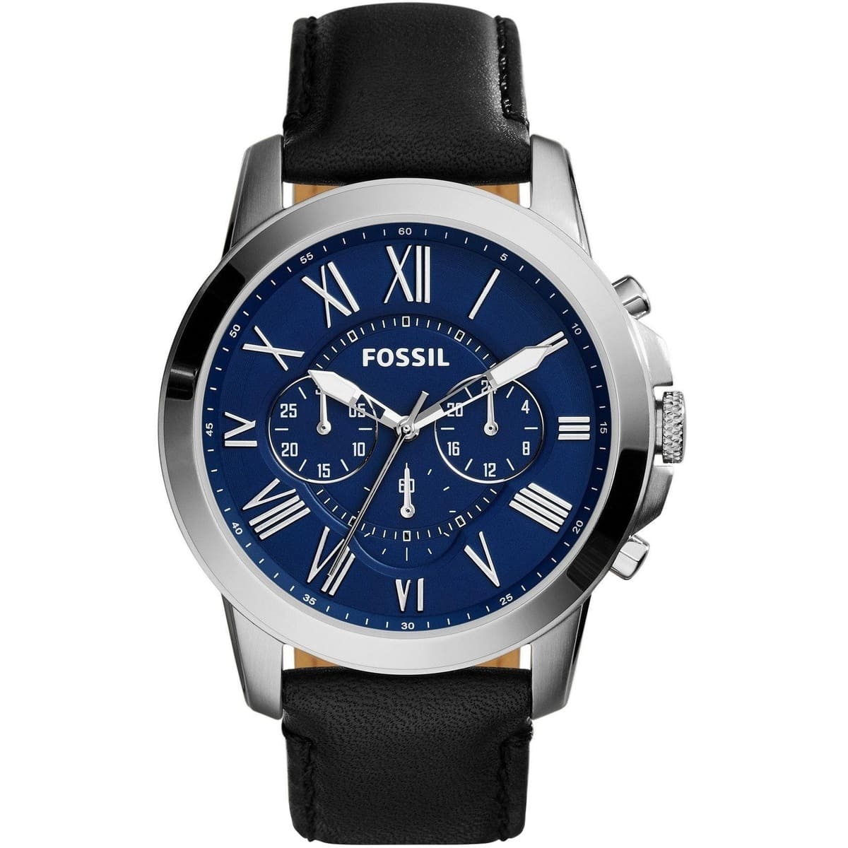 Fossil Grant FS4990 44mm Men’s Chronograph Watch – Blue Dial & Black Genuine Leather Strap
