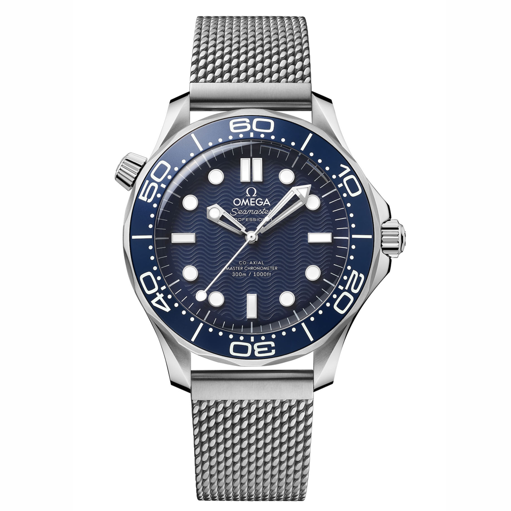 Omega Seamaster 43mm Master Quality Watch – Blue Dial, Blue Bezel & Stainless Steel Mesh Bracelet