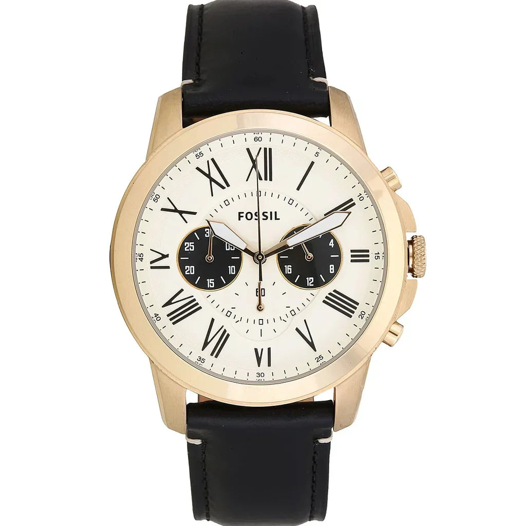 Fossil Grant FS5272 44mm Men’s Chronograph Watch – Cream Dial & Black Genuine Leather Strap