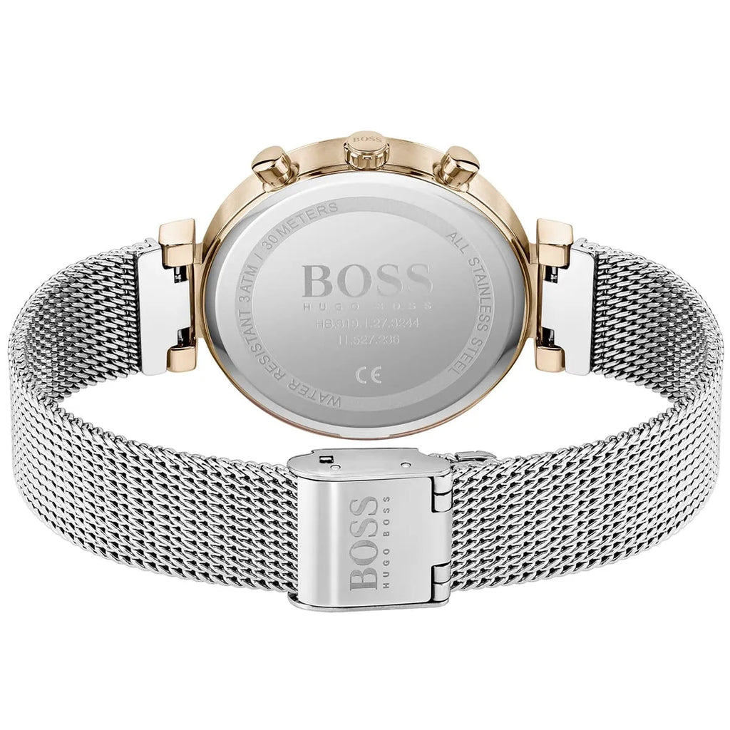 Hugo Boss Flawless 1502553 36mm Women’s Multifunction Quartz Watch – Silver Sunray Dial with Crystal Markers & Rose Gold Stainless Steel Mesh Bracelet