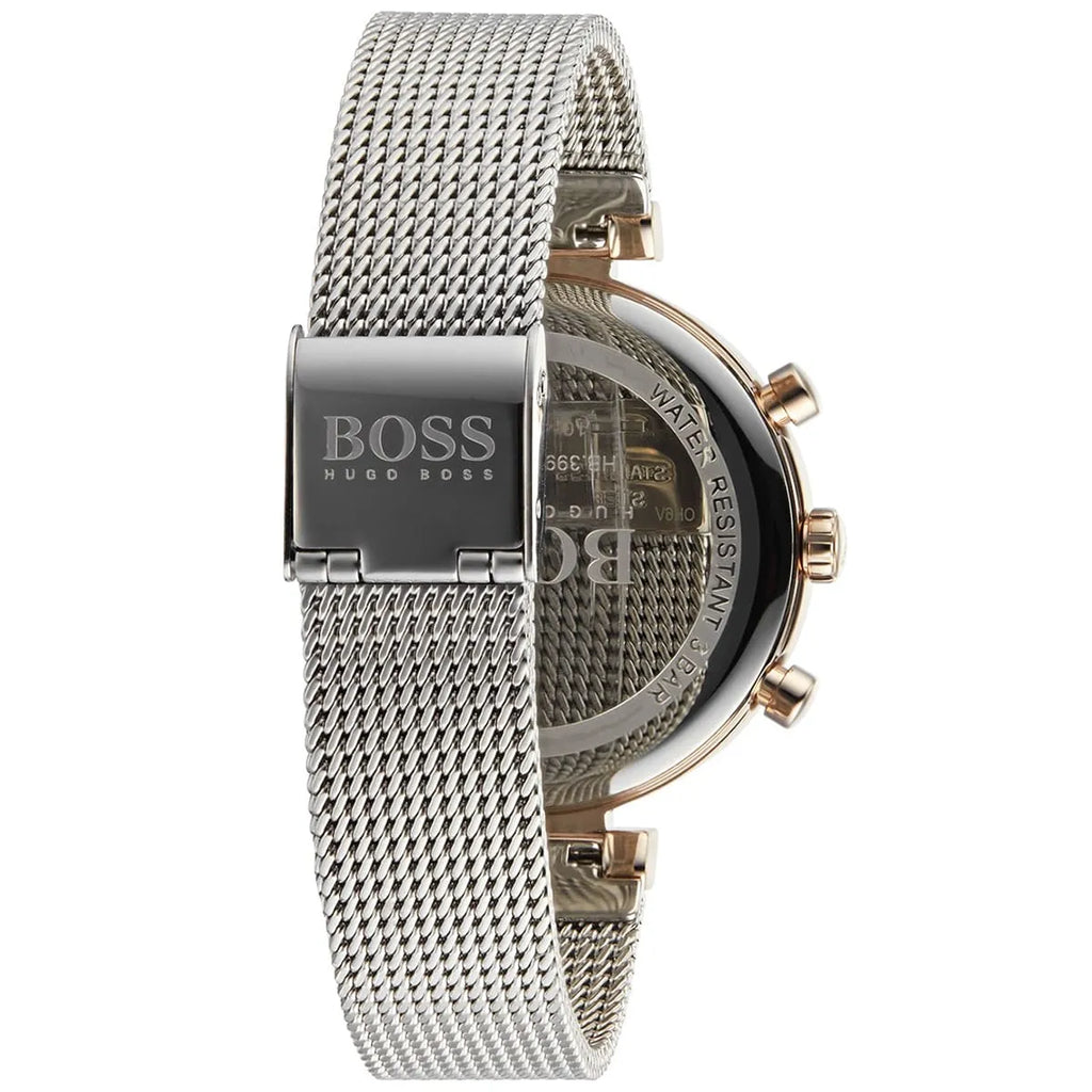 Hugo Boss Flawless 1502553 36mm Women’s Multifunction Quartz Watch – Silver Sunray Dial with Crystal Markers & Rose Gold Stainless Steel Mesh Bracelet