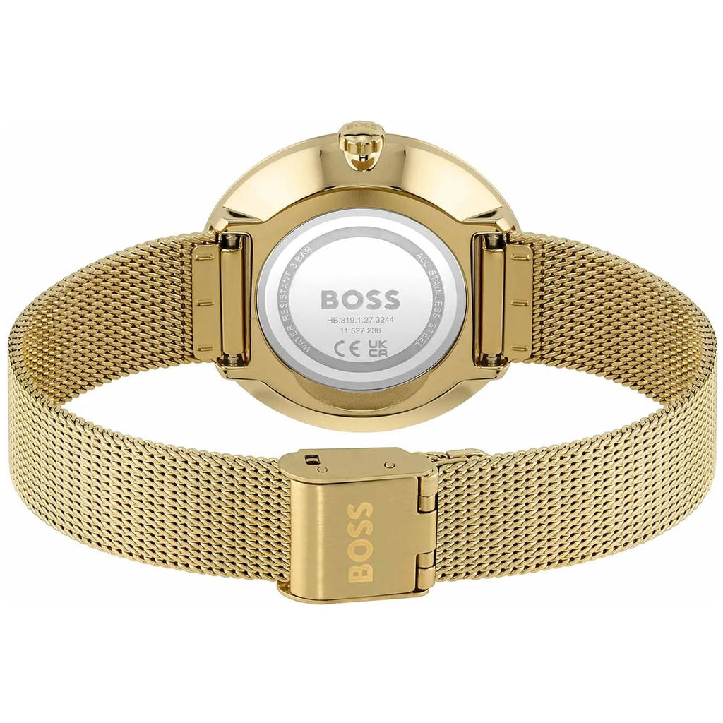 Hugo Boss Crystal Pavé 1502659 36mm Women’s Two-Hand Quartz Watch – Full Crystal-Pavé Dial & Gold Stainless Steel Mesh Bracelet