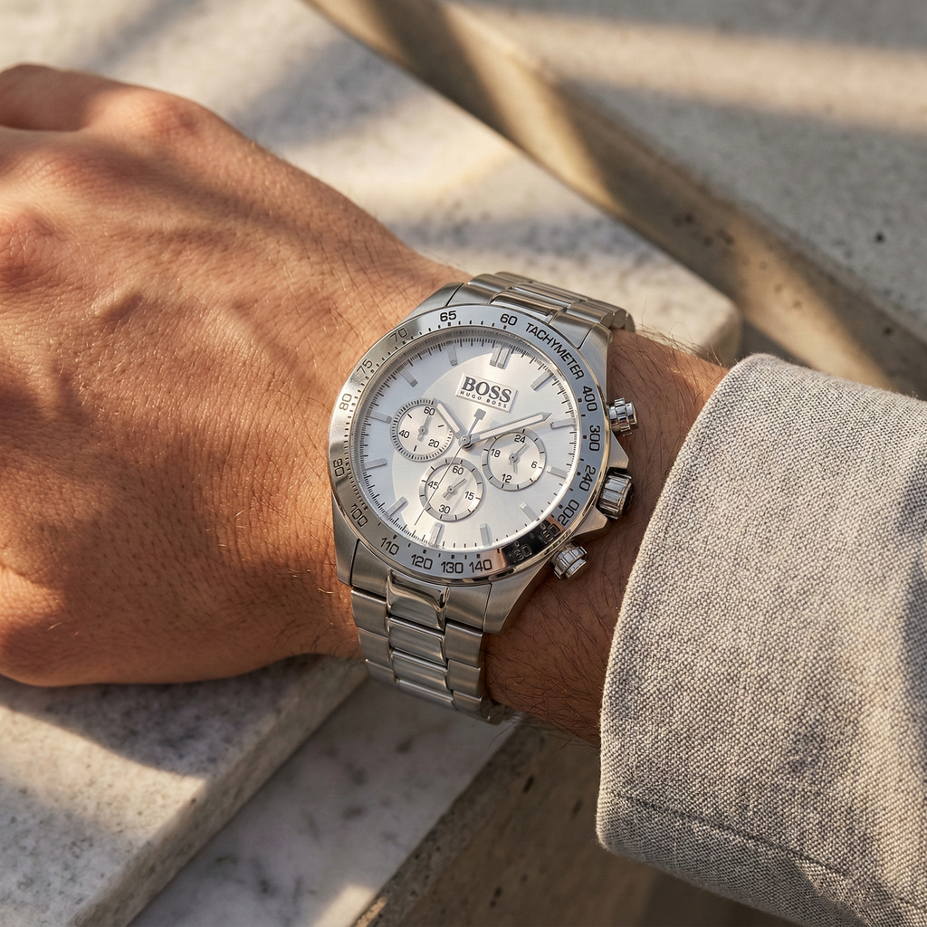 Hugo Boss Ikon 1512962 44mm Men’s Chronograph Watch – Silver Dial & Silver-tone Stainless Steel Link Bracelet