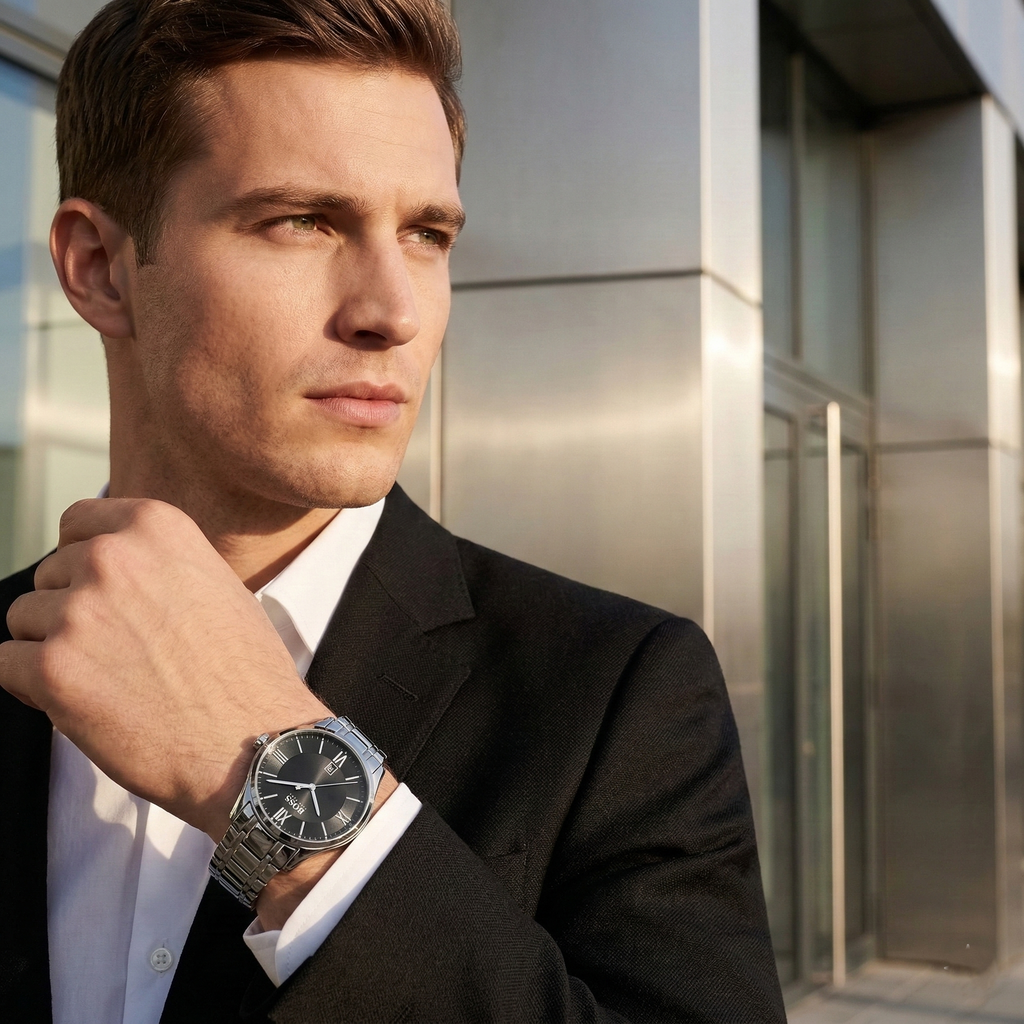 Hugo Boss Ambassador 1513025 44mm Men’s Quartz Watch – Black Dial & Silver-tone Stainless Steel Link Bracelet