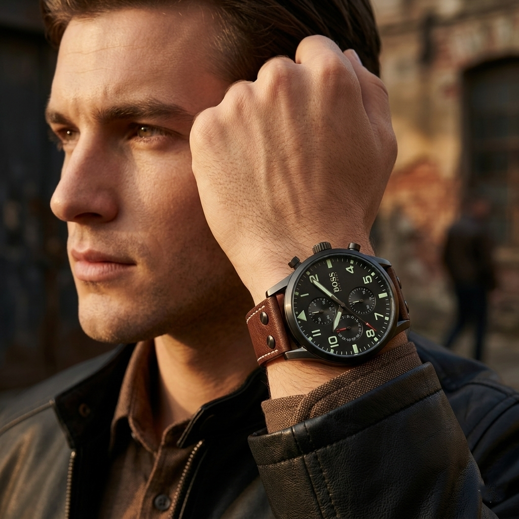 Hugo Boss Aeroliner Maxx 1513079 46mm Men’s Quartz Watch – Black Dial & Brown Genuine Leather Strap