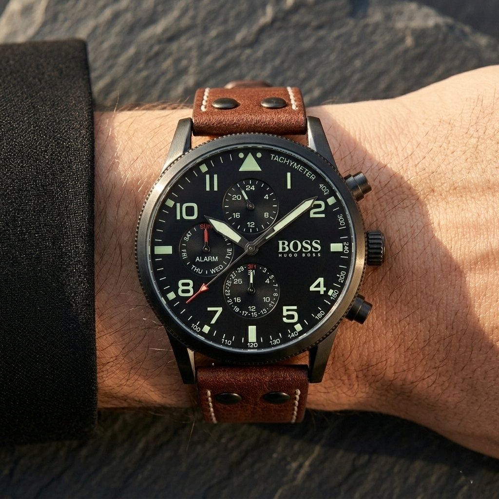 Hugo Boss Aeroliner Maxx 1513079 46mm Men’s Quartz Watch – Black Dial & Brown Genuine Leather Strap