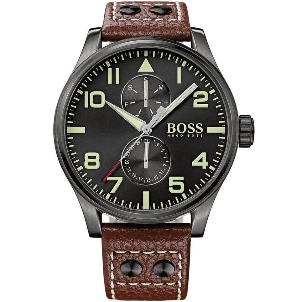 Hugo Boss Aeroliner Maxx 1513079 46mm Men’s Quartz Watch – Black Dial & Brown Genuine Leather Strap