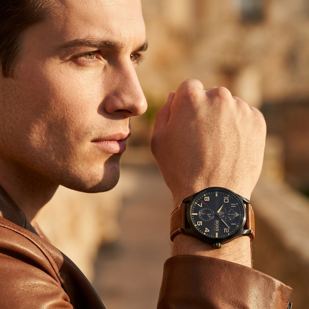 Hugo Boss Aeroliner Maxx 1513082 46mm Men’s Quartz Watch – Black Dial & Brown Genuine Leather Strap