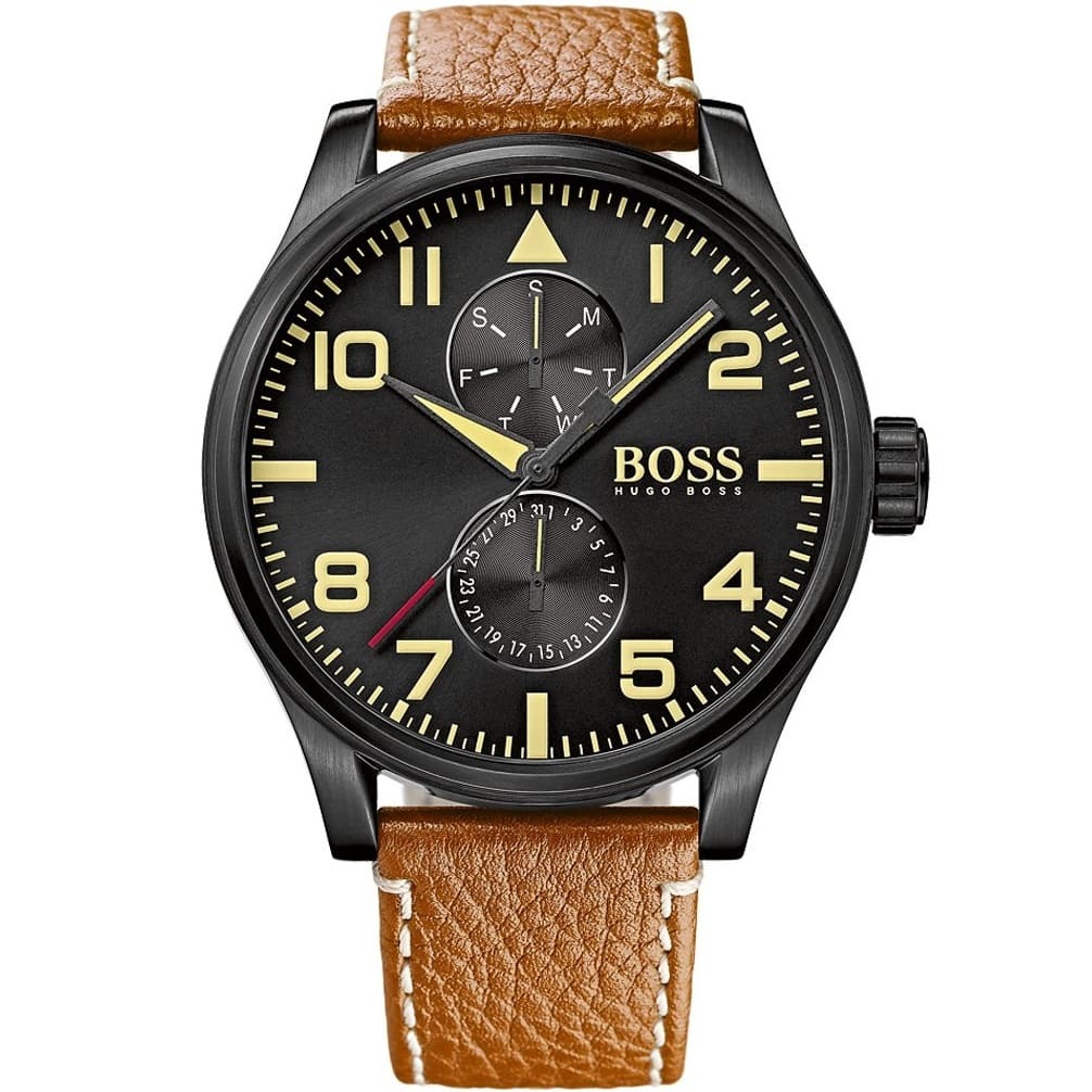 Hugo Boss Aeroliner Maxx 1513082 46mm Men’s Quartz Watch – Black Dial & Brown Genuine Leather Strap