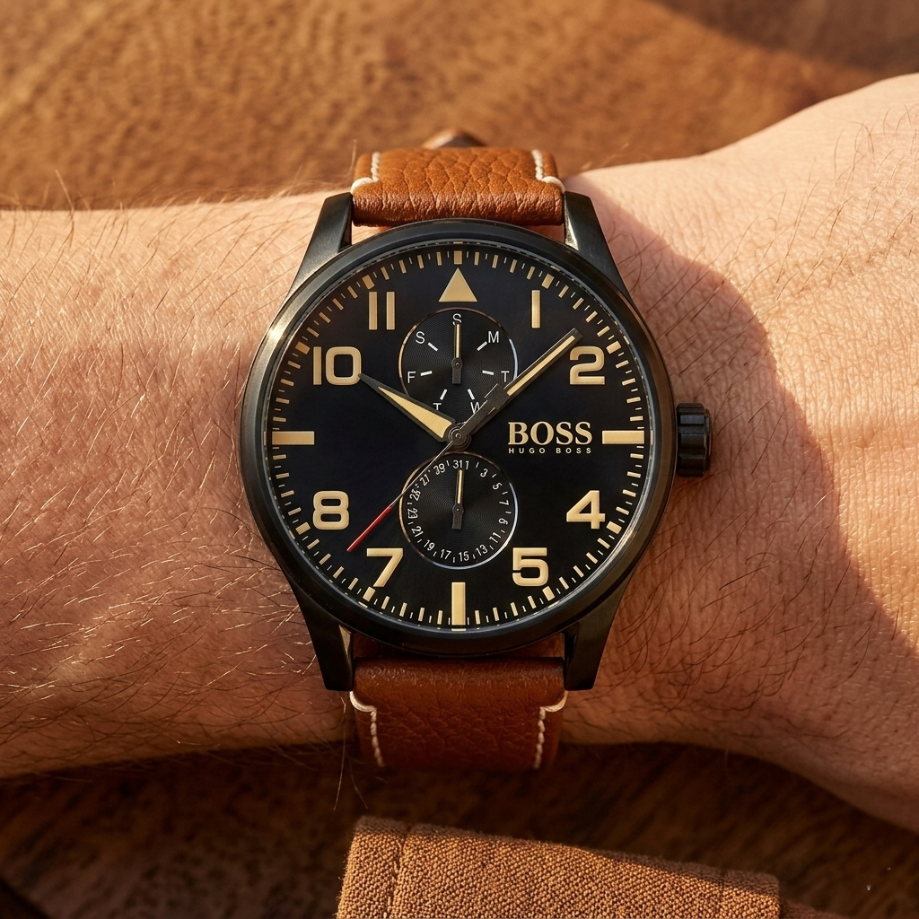 Hugo Boss Aeroliner Maxx 1513082 46mm Men’s Quartz Watch – Black Dial & Brown Genuine Leather Strap