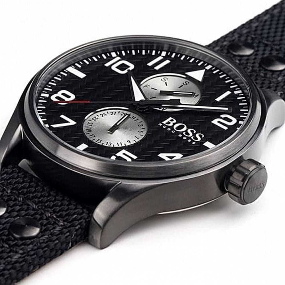 Hugo Boss Aeroliner Maxx 1513086 46mm Men’s Quartz Watch – Black Woven Dial & Textile Strap
