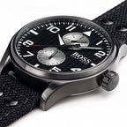 Hugo Boss Aeroliner Maxx 1513086 46mm Men’s Quartz Watch – Black Woven Dial & Textile Strap