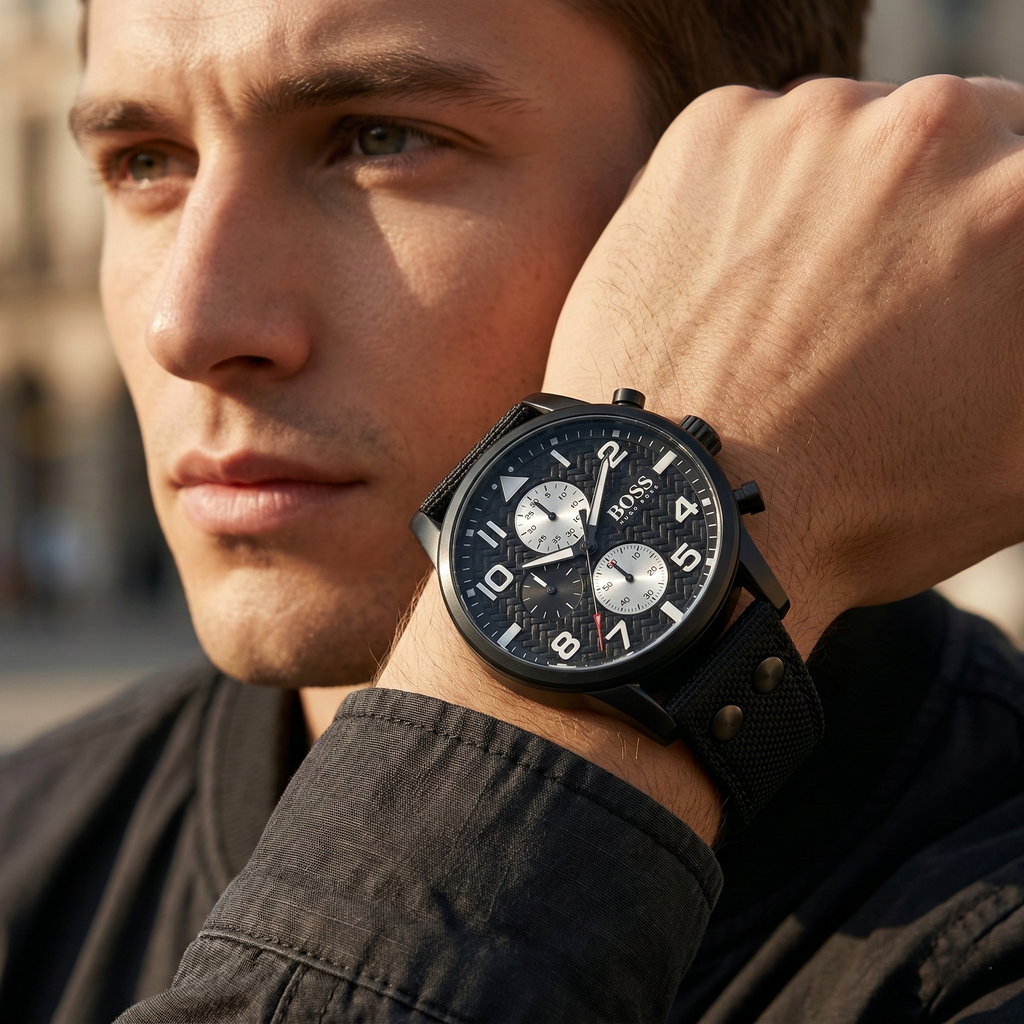 Hugo Boss Aeroliner Maxx 1513086 46mm Men’s Quartz Watch – Black Woven Dial & Textile Strap