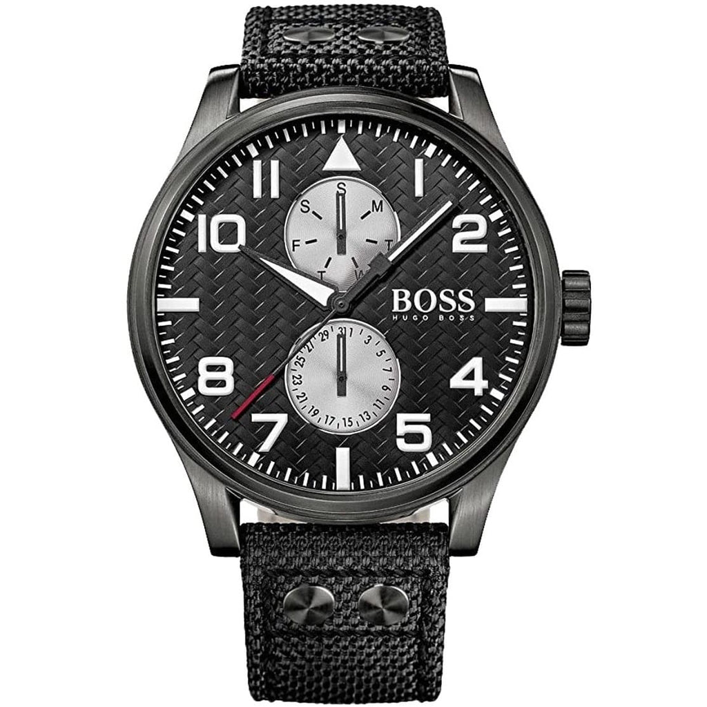 Hugo Boss Aeroliner Maxx 1513086 46mm Men’s Quartz Watch – Black Woven Dial & Textile Strap