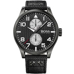 Hugo Boss Aeroliner Maxx 1513086 46mm Men’s Quartz Watch – Black Woven Dial & Textile Strap
