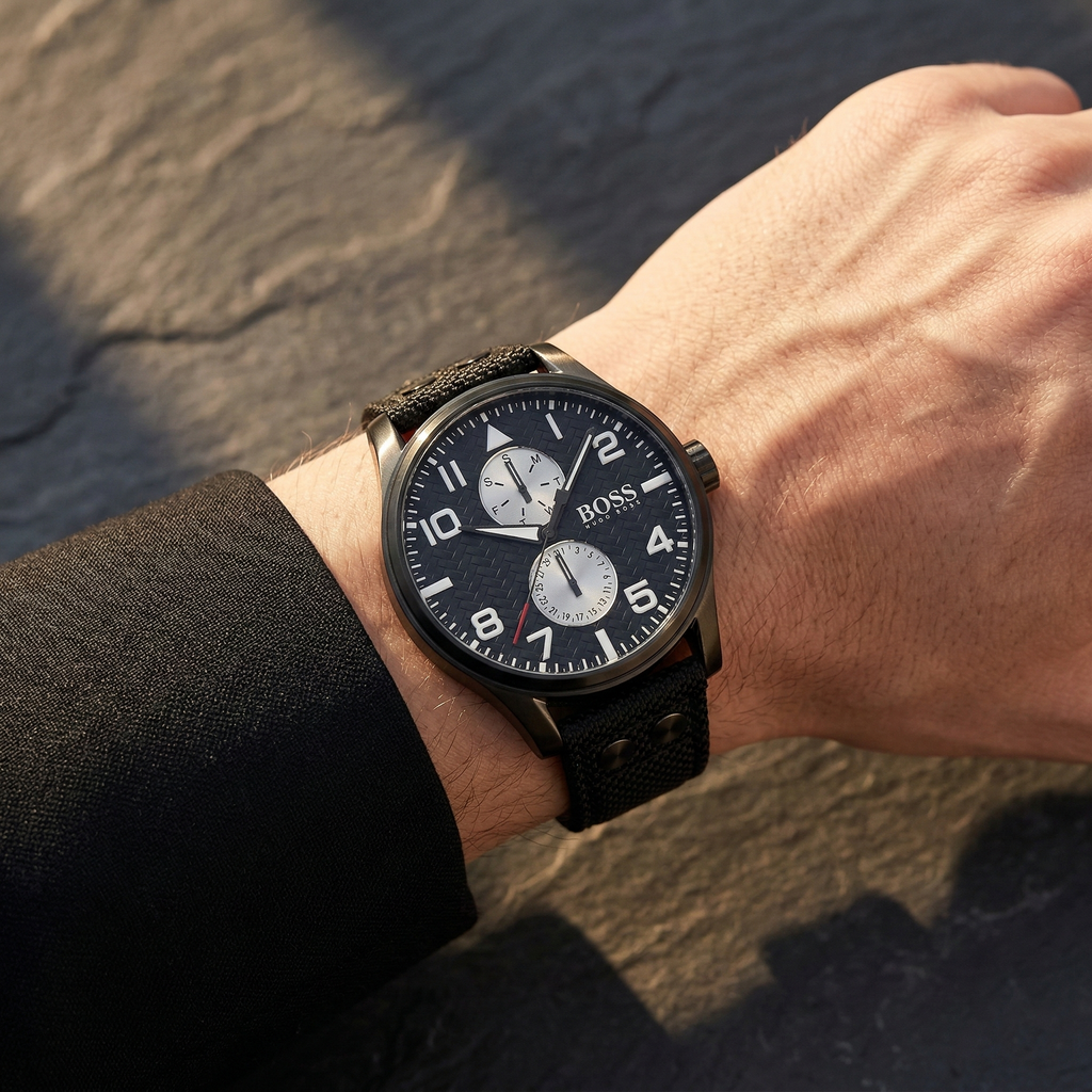 Hugo Boss Aeroliner Maxx 1513086 46mm Men’s Quartz Watch – Black Woven Dial & Textile Strap