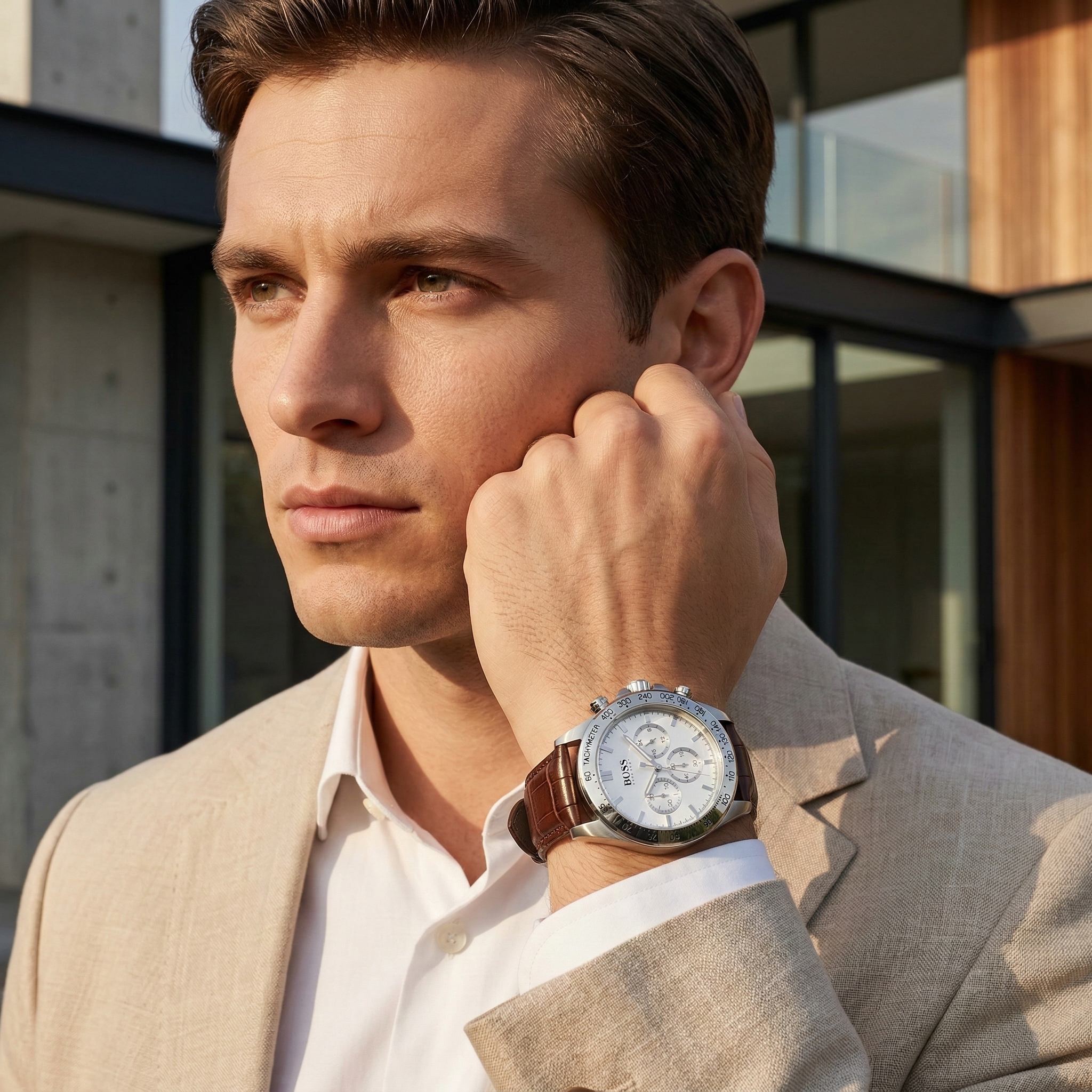 Hugo Boss Ikon 1513175 44mm Men’s Chronograph Watch – White Dial & Brown Genuine Leather Strap