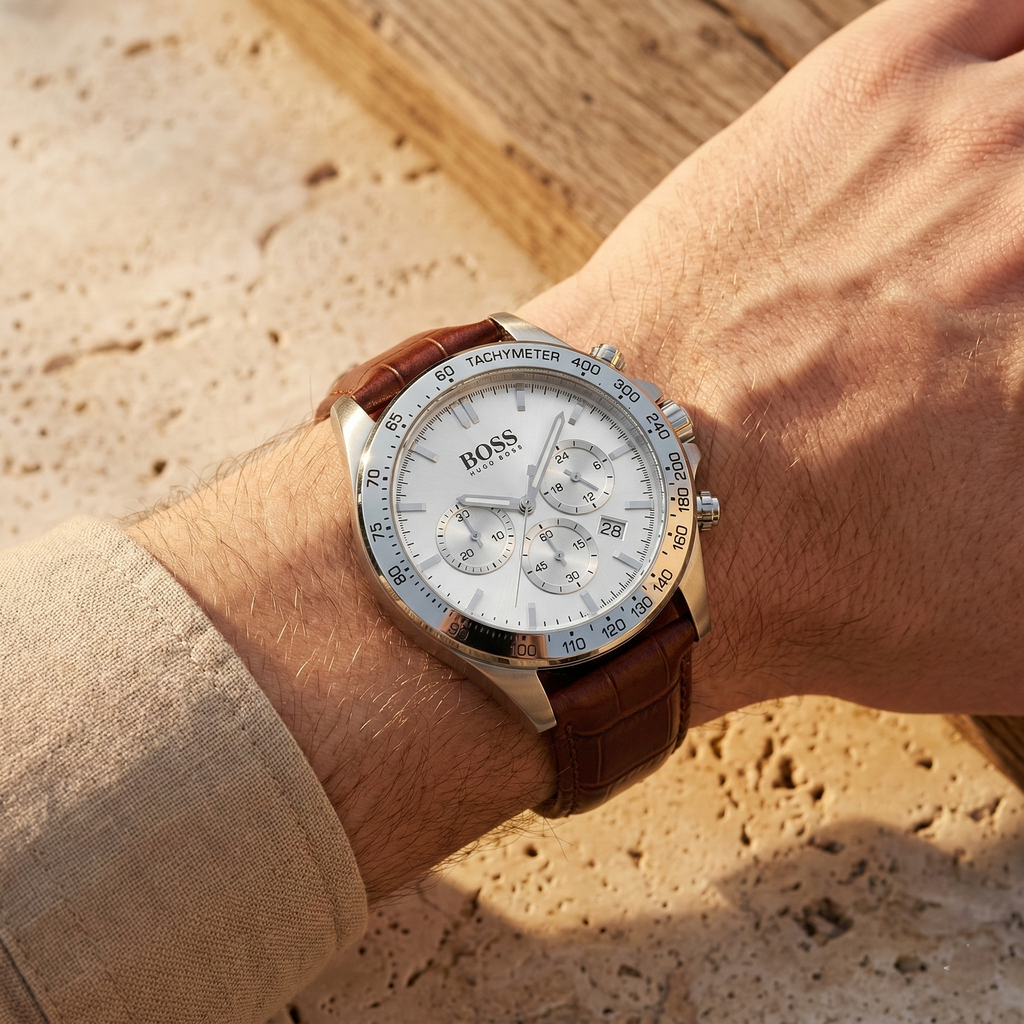 Hugo Boss Ikon 1513175 44mm Men’s Chronograph Watch – White Dial & Brown Genuine Leather Strap