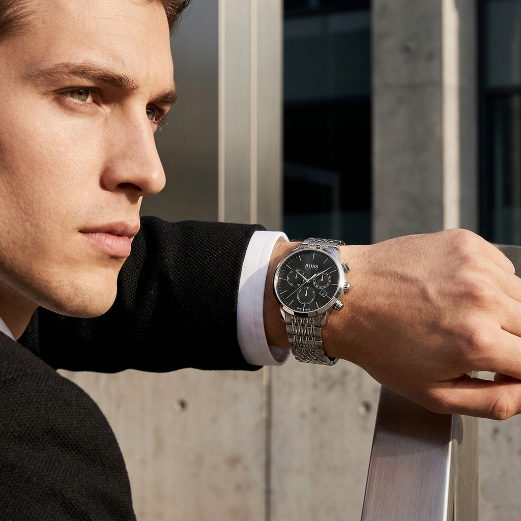 Hugo Boss Signature 1513267 44mm Men’s Quartz Watch – Black Dial & Silver-tone Stainless Steel Link Bracelet
