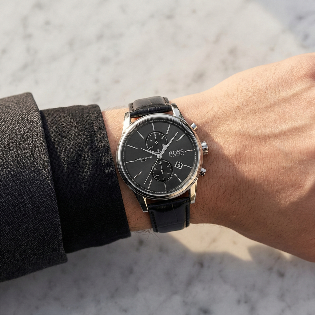Hugo Boss Jet 1513279 41mm Men’s Chronograph Watch – Black Dial & Black Genuine Leather Strap