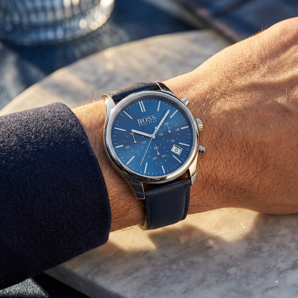 Hugo Boss Runner 1513431 44mm Men’s Chronograph Watch – Blue Dial & Blue Genuine Leather Strap