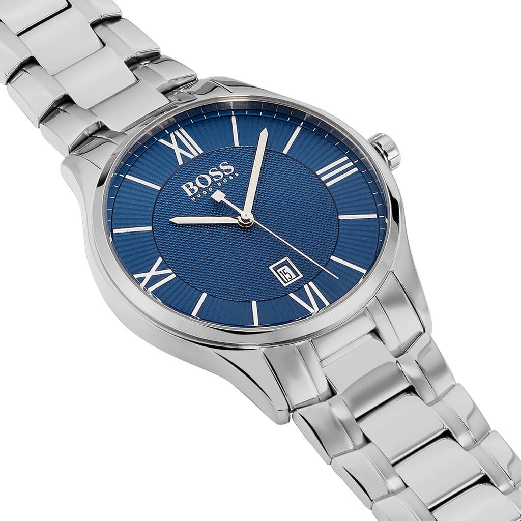 Hugo Boss Governor 1513487 44mm Men’s Quartz Watch – Blue Textured Dial & Silver-tone Stainless Steel Link Bracelet