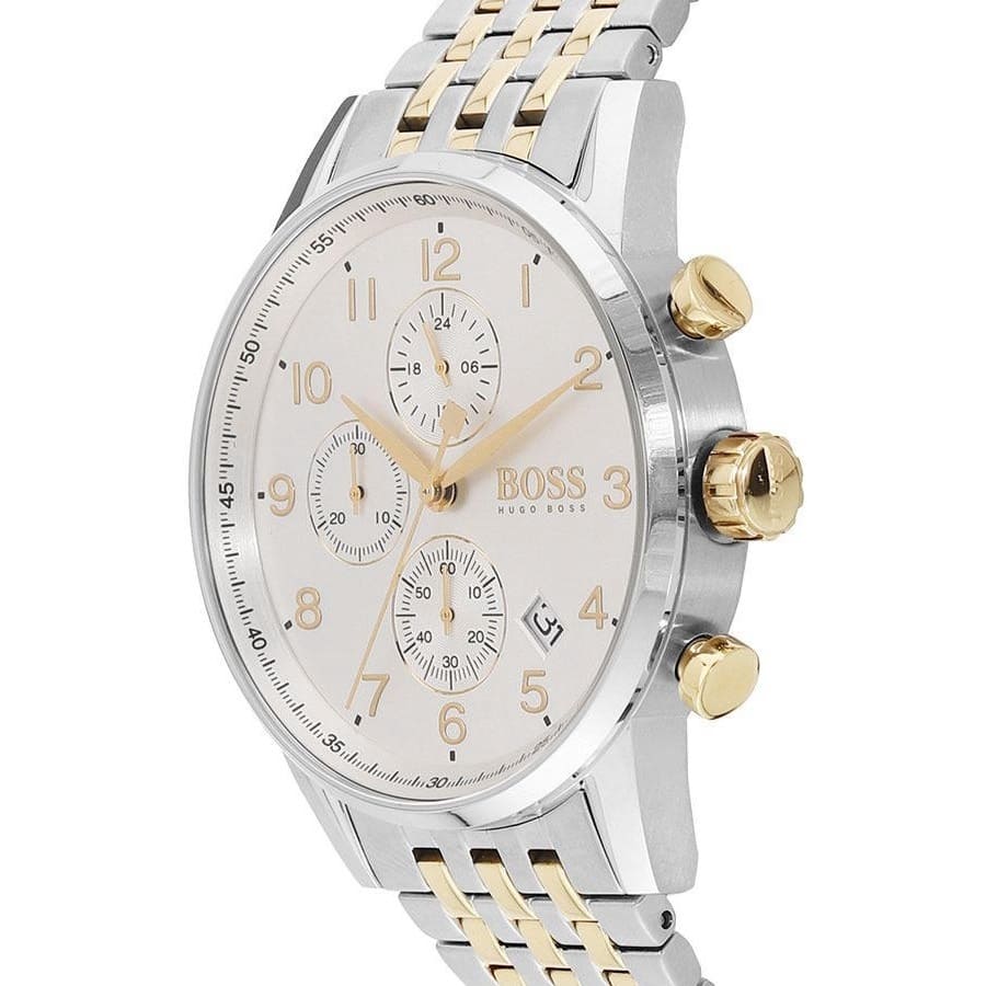 Hugo Boss Navigator 1513499 44mm Men’s Chronograph Watch – White Dial & Two-tone Stainless Steel Link Bracelet