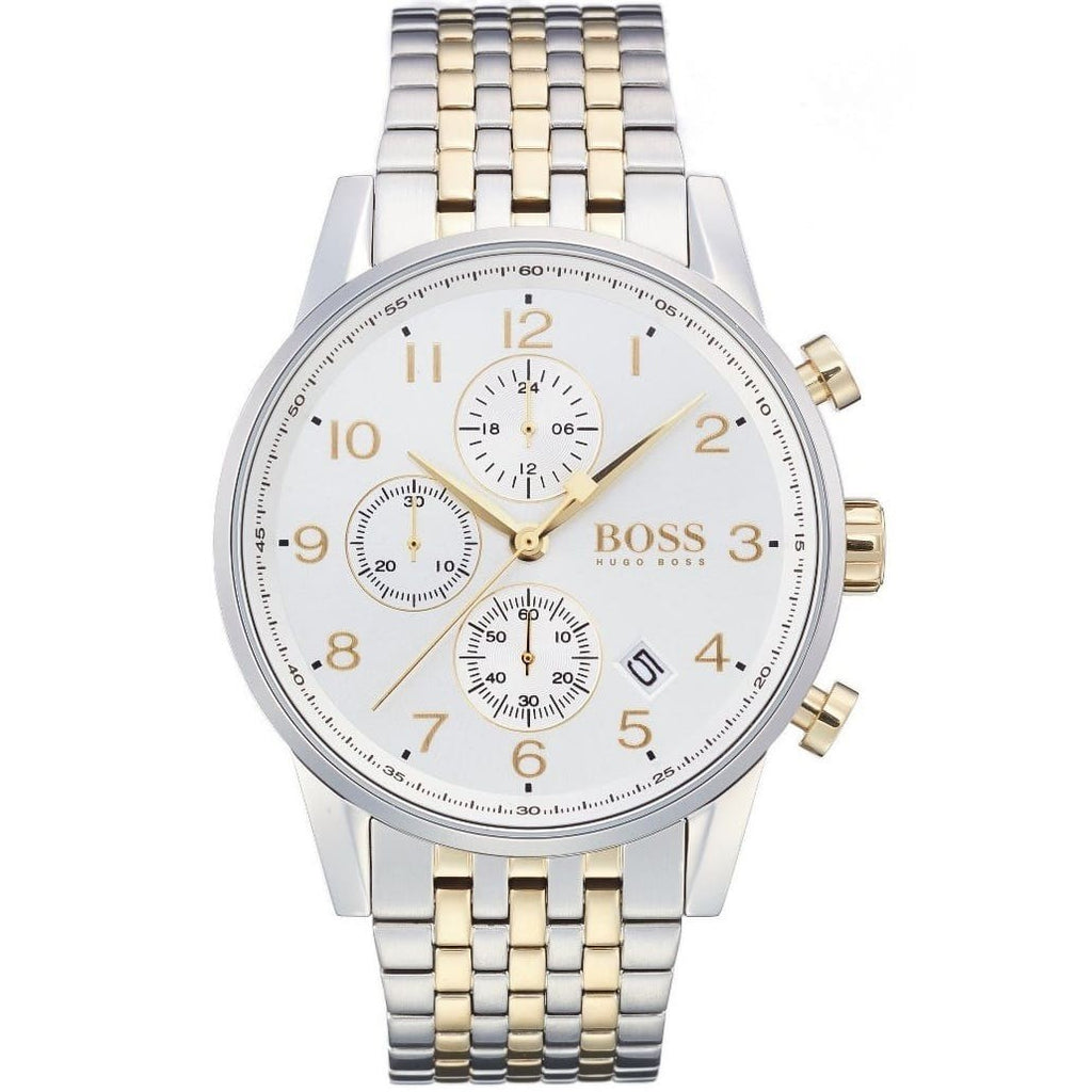Hugo Boss Navigator 1513499 44mm Men’s Chronograph Watch – White Dial & Two-tone Stainless Steel Link Bracelet