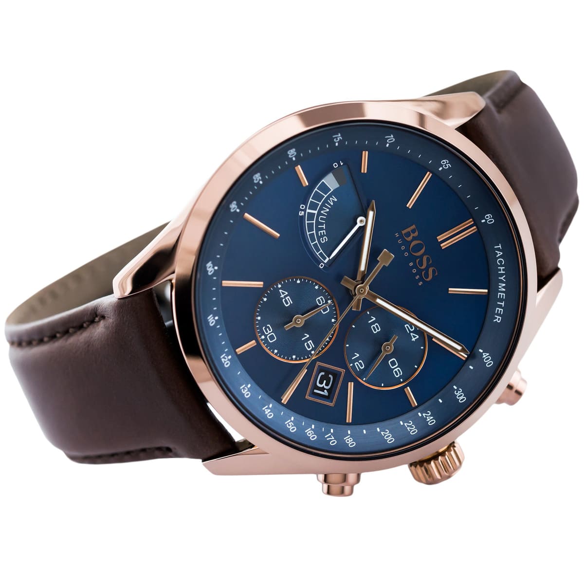 Hugo Boss Grand Prix 1513604 44mm Men’s Chronograph Watch – Blue Dial & Brown Genuine Leather Strap