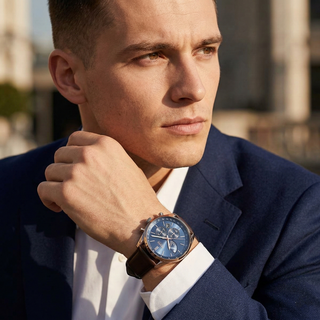 Hugo Boss Grand Prix 1513604 44mm Men’s Chronograph Watch – Blue Dial & Brown Genuine Leather Strap