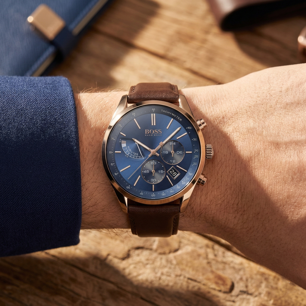 Hugo Boss Grand Prix 1513604 44mm Men’s Chronograph Watch – Blue Dial & Brown Genuine Leather Strap