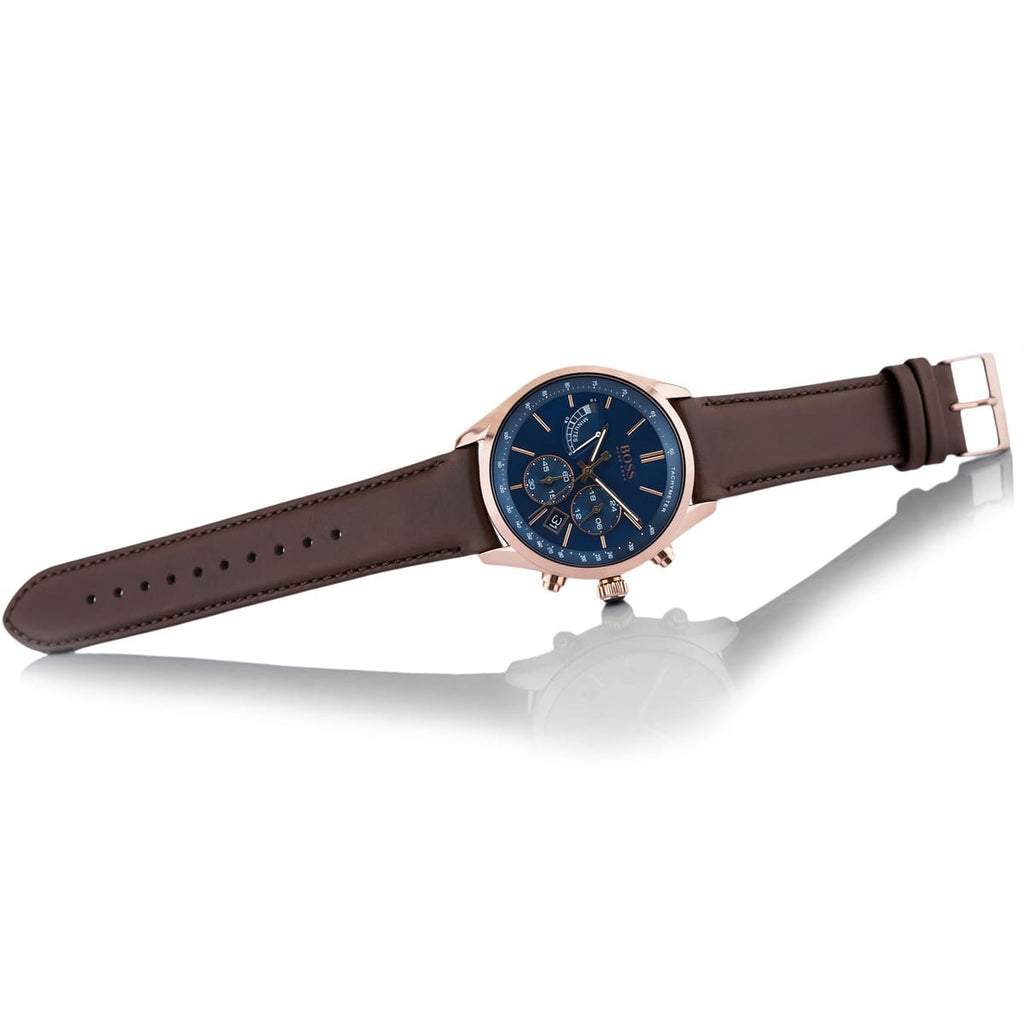 Hugo Boss Grand Prix 1513604 44mm Men’s Chronograph Watch – Blue Dial & Brown Genuine Leather Strap