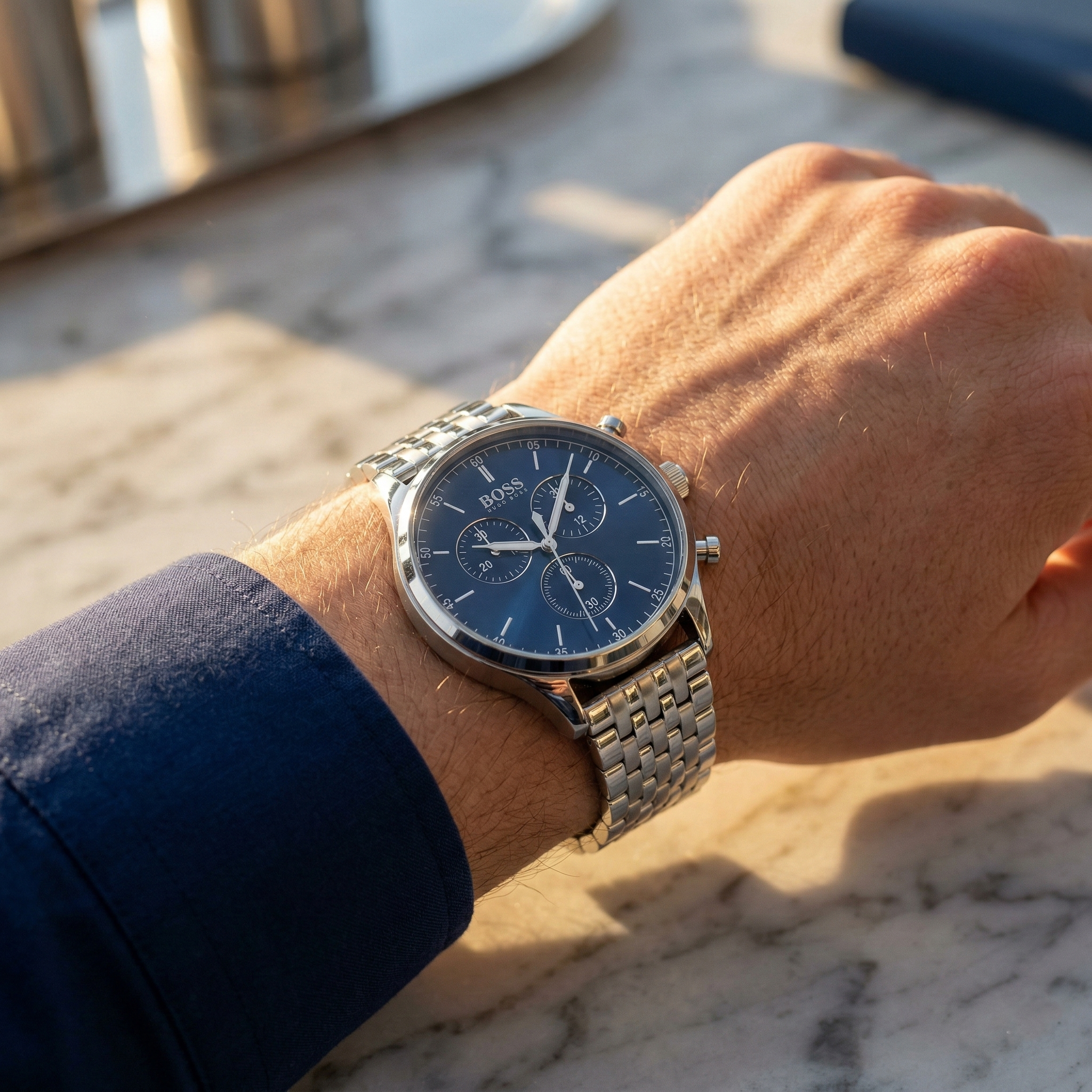 Hugo Boss Companion 1513653 43mm Men’s Chronograph Watch – Blue Dial & Silver-tone Stainless Steel Link Bracelet