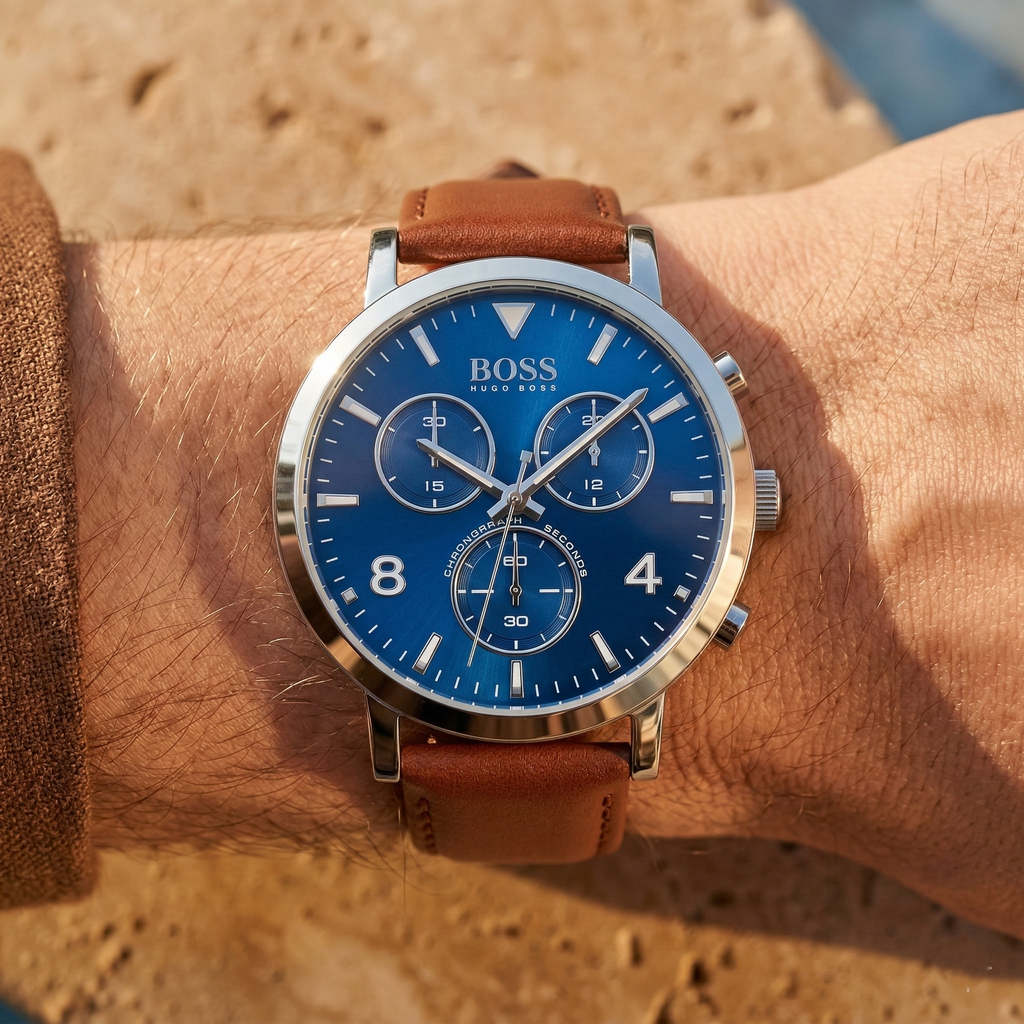 Hugo Boss Spirit 1513689 41mm Men’s Chronograph Watch – Blue Dial & Brown Genuine Leather Strap