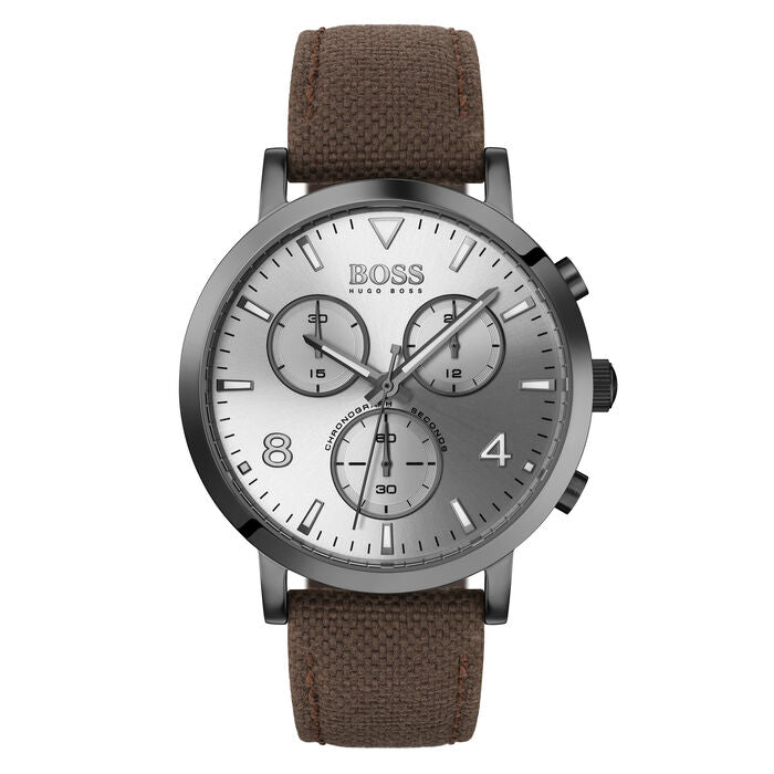 Hugo Boss Spirit 1513690 41mm Men’s Chronograph Watch – Silver Dial & Brown Textile Strap