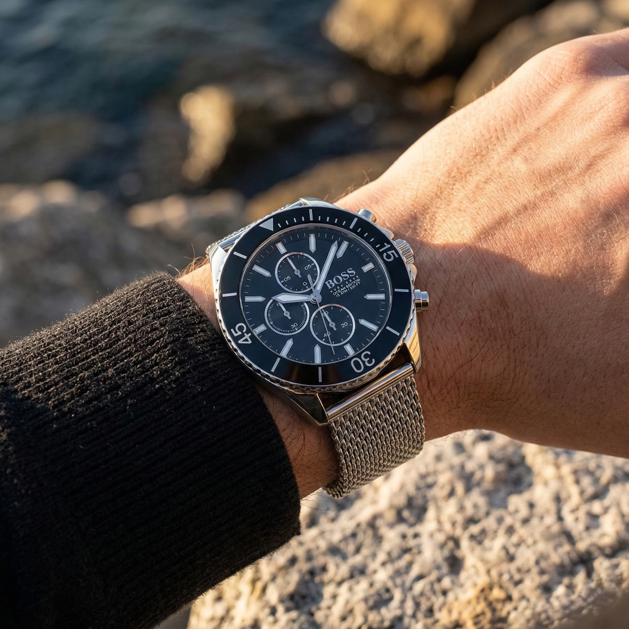 Hugo Boss Ocean Edition 1513701 46mm Men’s Chronograph Watch – Black Dial & Silver Mesh Bracelet