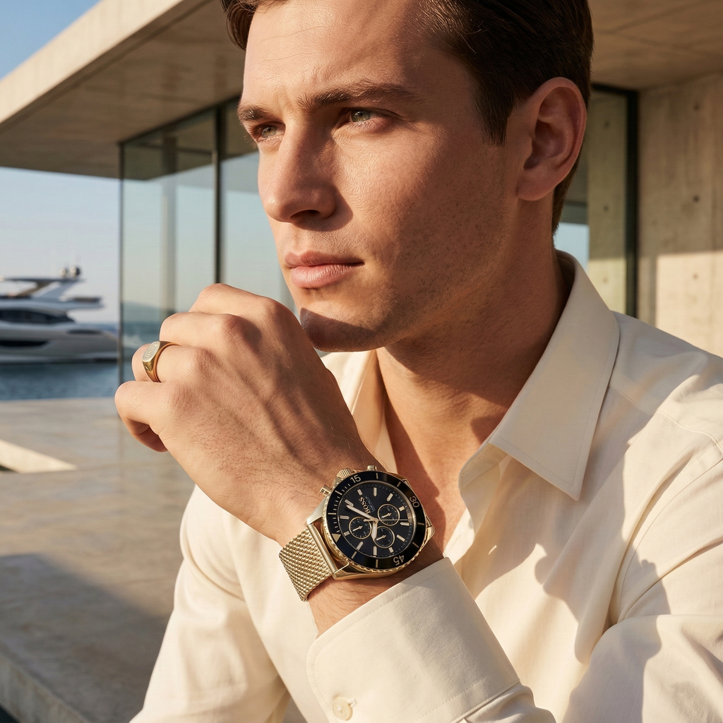 Hugo Boss Ocean Edition 1513703 46mm Men’s Chronograph Watch – Black Dial & Gold Mesh Bracelet