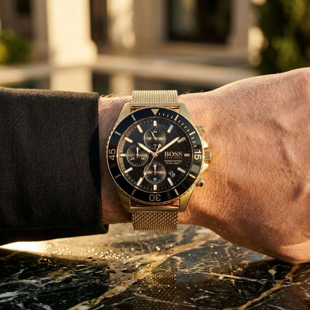 Hugo Boss Ocean Edition 1513703 46mm Men’s Chronograph Watch – Black Dial & Gold Mesh Bracelet