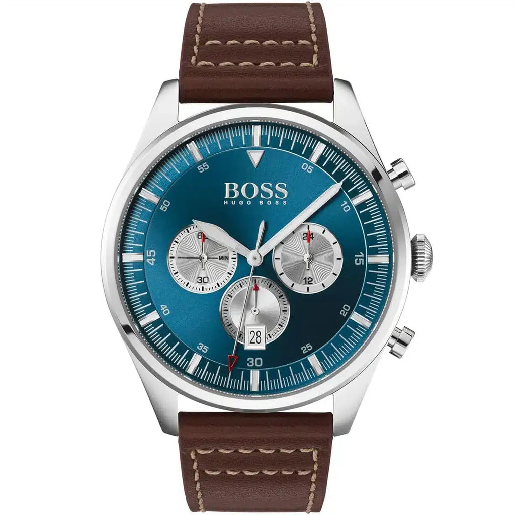Hugo Boss Pioneer 1513709 44mm Men’s Chronograph Watch – Blue Dial & Brown Genuine Leather Strap