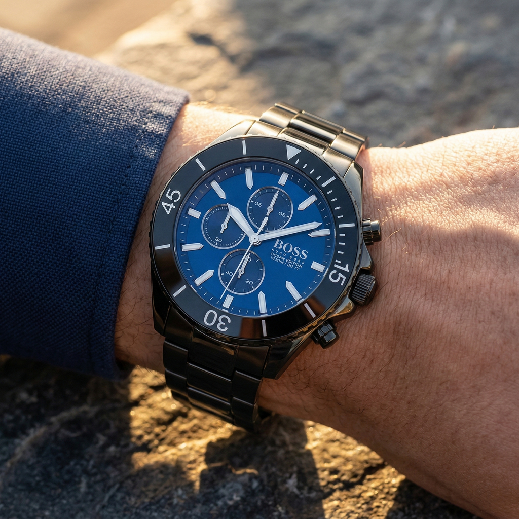 Hugo Boss Ocean Edition 1513743 46mm Men’s Chronograph Watch – Blue Dial & Black Stainless Steel Link Bracelet