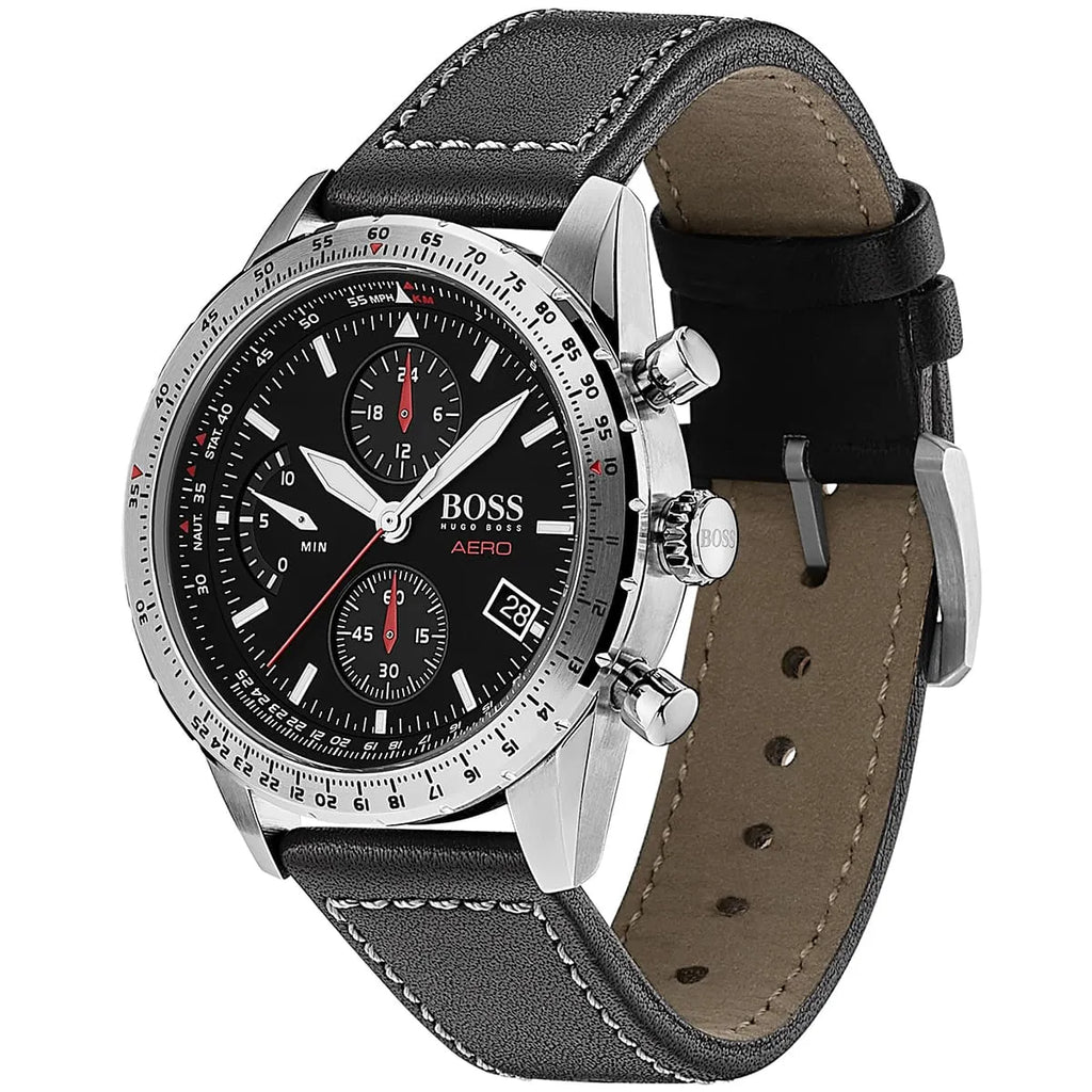 Hugo Boss Aero 1513770 44mm Men’s Chronograph Watch – Black Dial & Black Genuine Leather Strap