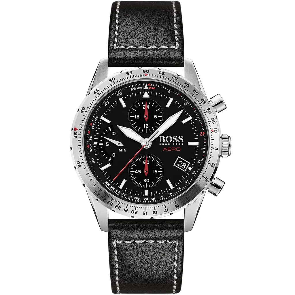 Hugo Boss Aero 1513770 44mm Men’s Chronograph Watch – Black Dial & Black Genuine Leather Strap