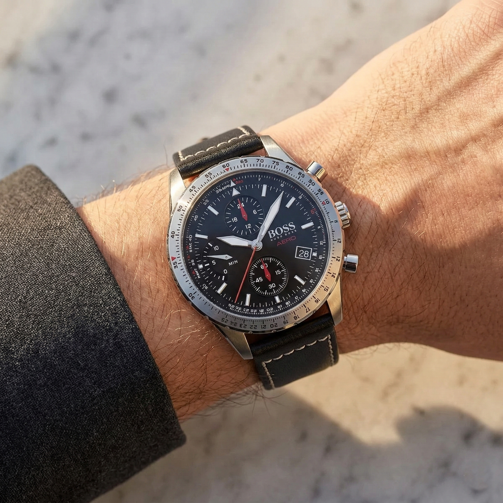 Hugo Boss Aero 1513770 44mm Men’s Chronograph Watch – Black Dial & Black Genuine Leather Strap