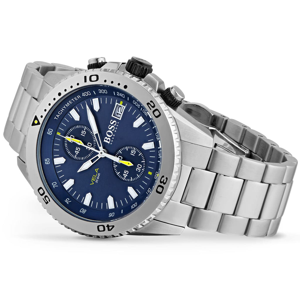 Hugo Boss Vela 1513775 44mm Men’s Quartz Watch – Blue Dial & Silver-tone Stainless Steel Link Bracelet