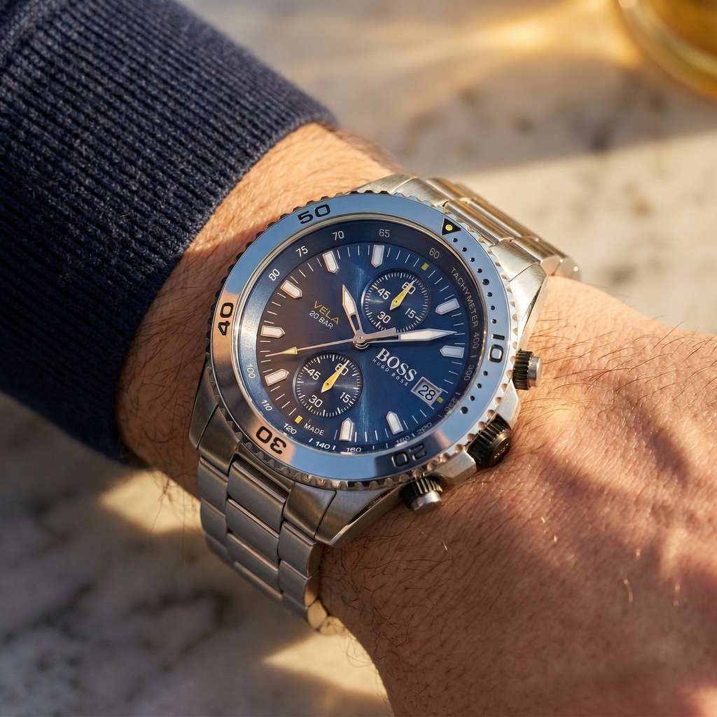 Hugo Boss Vela 1513775 44mm Men’s Quartz Watch – Blue Dial & Silver-tone Stainless Steel Link Bracelet