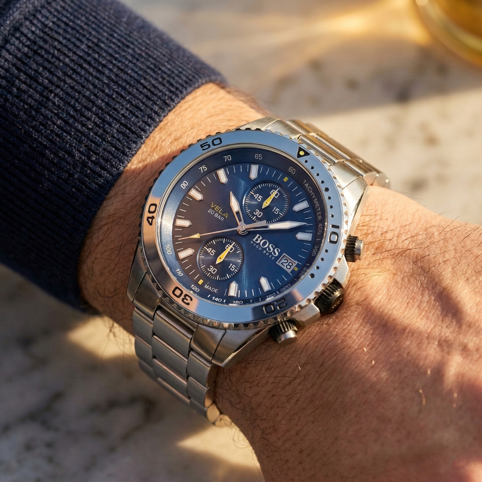 Hugo Boss Vela 1513775 44mm Men’s Quartz Watch – Blue Dial & Silver-tone Stainless Steel Link Bracelet