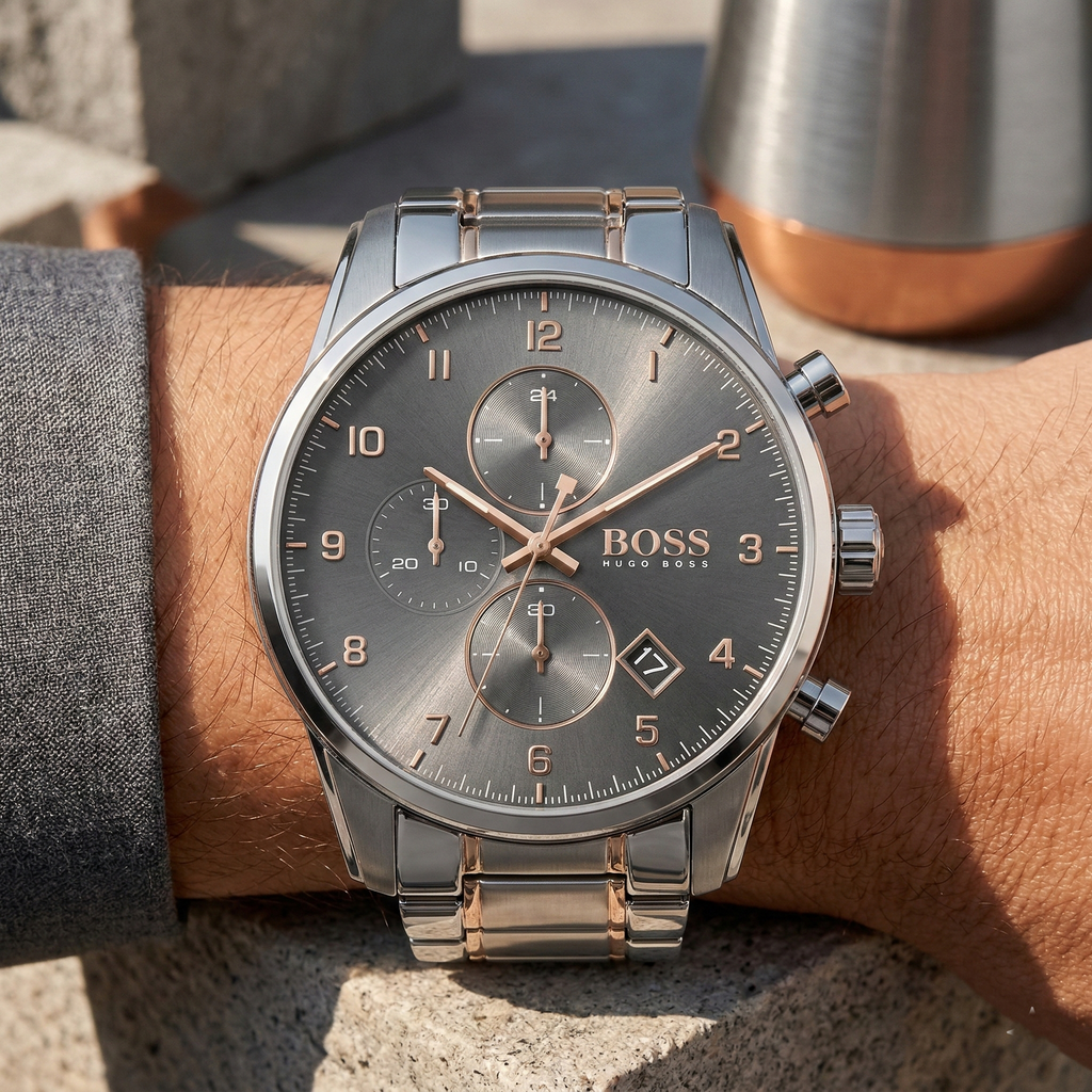 Hugo Boss Skymaster 1513789 44mm Men’s Chronograph Watch – Gray Dial & Rose Gold Stainless Steel Link Bracelet