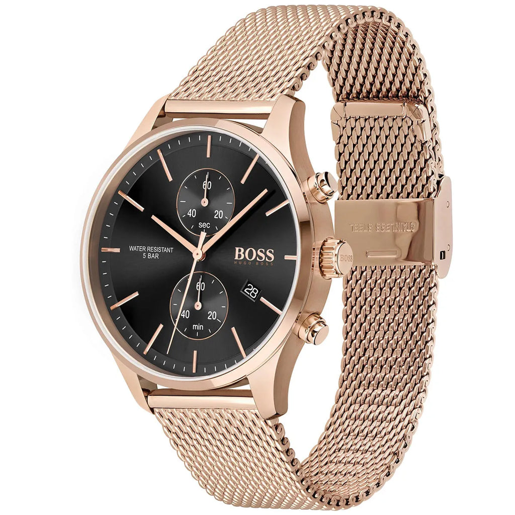 Hugo Boss Associate 1513806 42mm Men’s Chronograph Watch – Black Dial & Rose Gold Mesh Bracelet