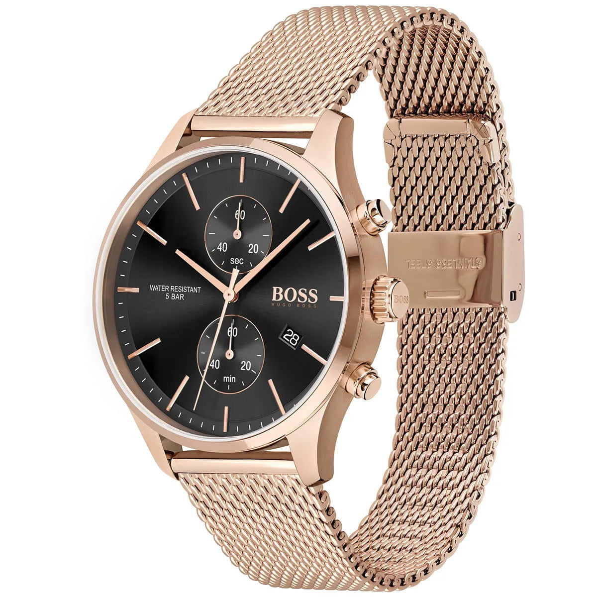 Hugo Boss Associate 1513806 42mm Men’s Chronograph Watch – Black Dial & Rose Gold Mesh Bracelet